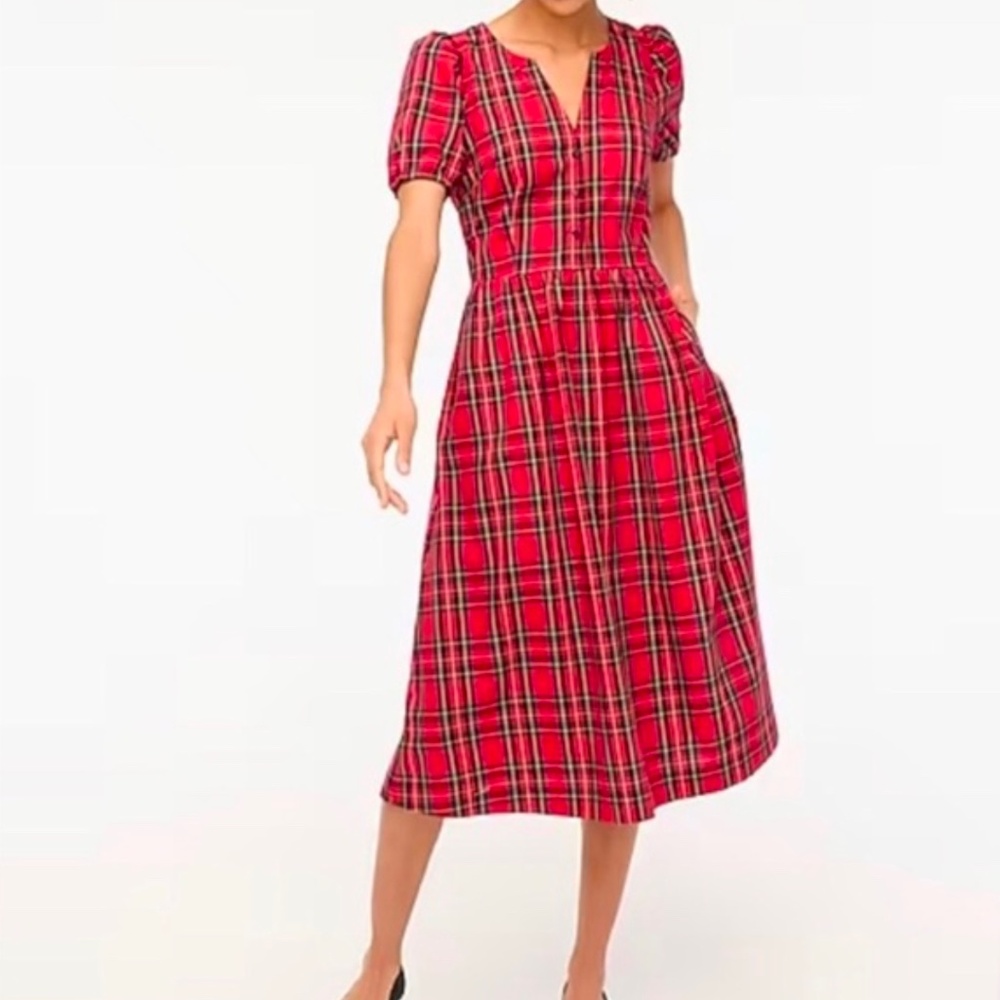 J. Crew Tartan Plaid Puff Sleeve Midi Dress - 8